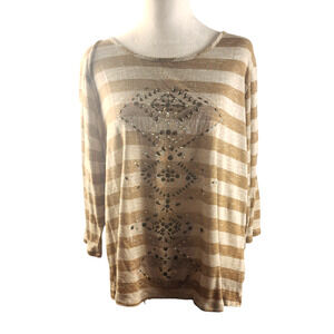Cato Women's 18/20 Cream & Tan Stripped Studded Floral Desing Blouse 3/4 Sleeve